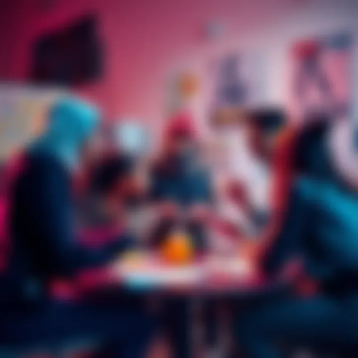A group of diverse artists engaging in a lively discussion about job prospects and market trends