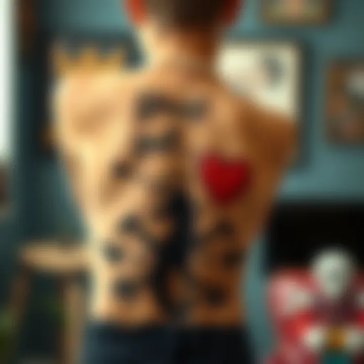 A collection of humorous and unique back tattoo designs featuring whimsical shapes and funny quotes.