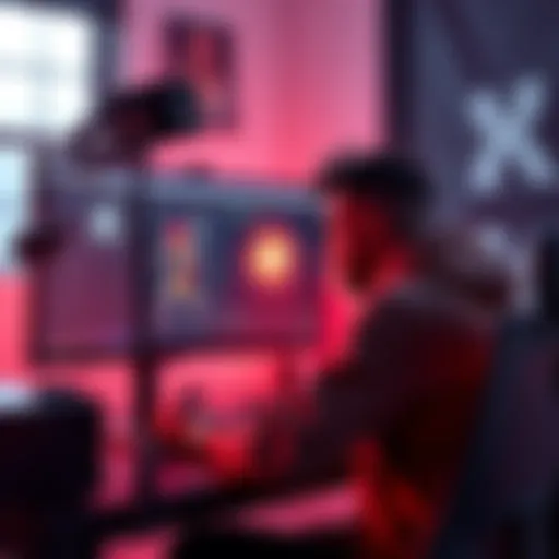An artist working on a computer screen displaying Blender software, focused on a video effect project.