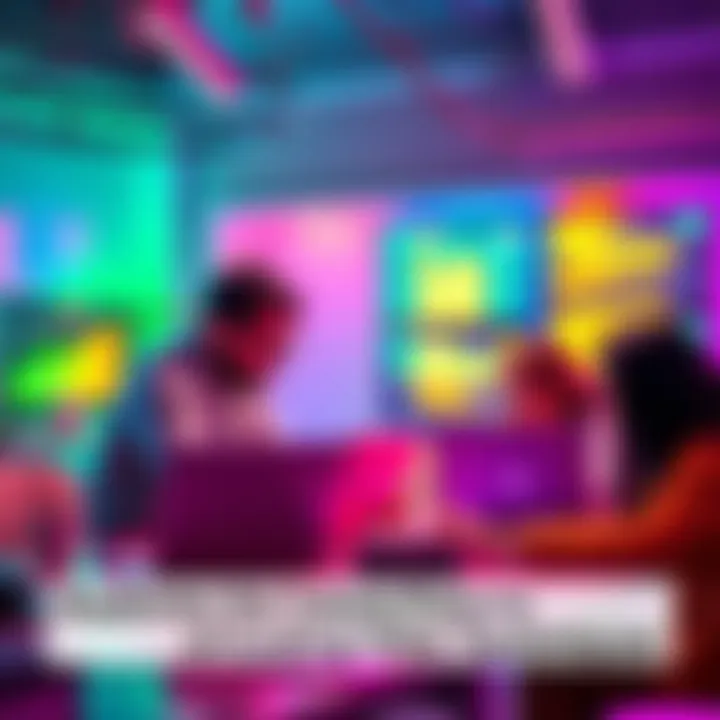 A group of people collaborating over laptops, brainstorming coding ideas in a colorful workspace, showcasing creativity in project development.