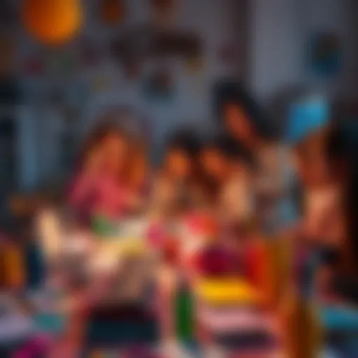 A diverse group of people working together on various creative projects including art, science, and writing, surrounded by colorful materials and ideas.
