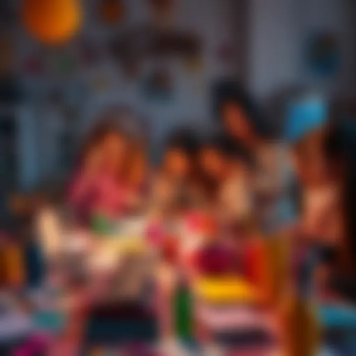 A diverse group of people working together on various creative projects including art, science, and writing, surrounded by colorful materials and ideas.