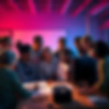 A diverse group of people brainstorming together for a game project, surrounded by sketches and a computer.
