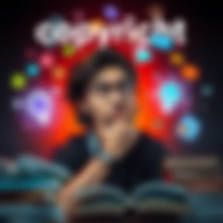 A person thinking deeply about the effects of copyright on creativity, surrounded by books and digital icons representing innovation.