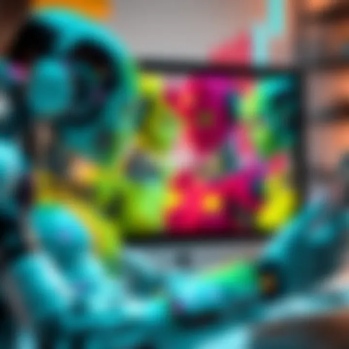 A group of colorful bots with feminine features working together to create WLW scenarios on a computer screen.