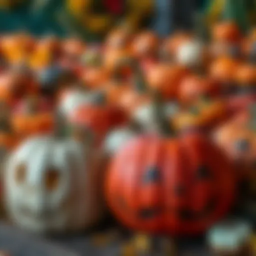 A colorful arrangement of uniquely decorated pumpkins showcasing various autumn themes and designs.