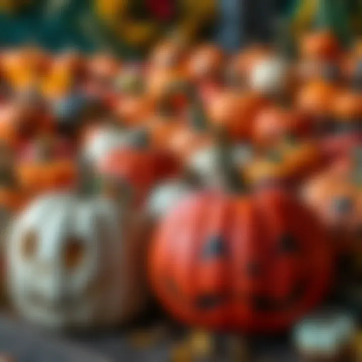 A colorful arrangement of uniquely decorated pumpkins showcasing various autumn themes and designs.