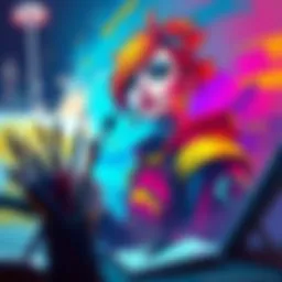 A colorful fan art piece showing a character inspired by popular media, surrounded by paintbrushes and sketchbooks, illustrating the concept of artistic creation and consent issues.