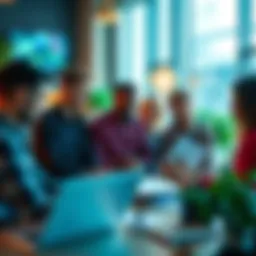 A group of diverse people collaborating on a project, sharing feedback and ideas in a bright, modern workspace.