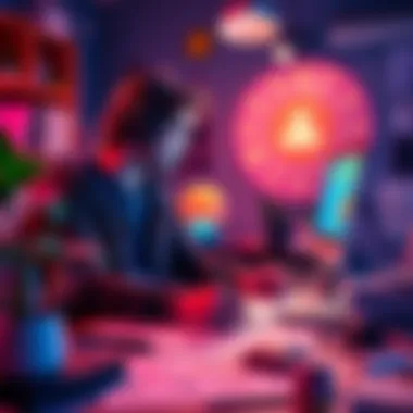 A game developer brainstorming unique narrative ideas in a colorful workspace with sketches and notes all around.