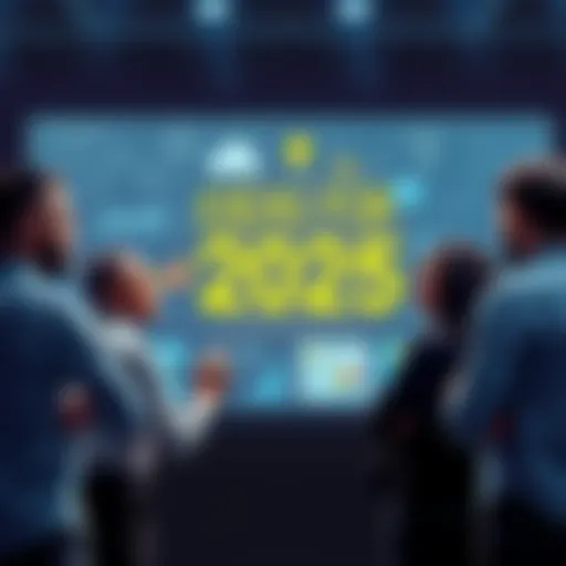 A group of diverse people brainstorming innovative ideas on a futuristic concept board for 2025