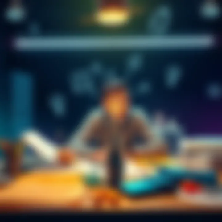 A person brainstorming ideas with sketches, a light bulb above their head, and design materials on the table, symbolizing innovation.