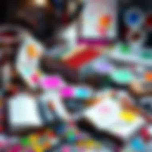 A colorful, chaotic workspace with scattered art supplies, paint splatters, and open notebooks, symbolizing creativity and innovation.