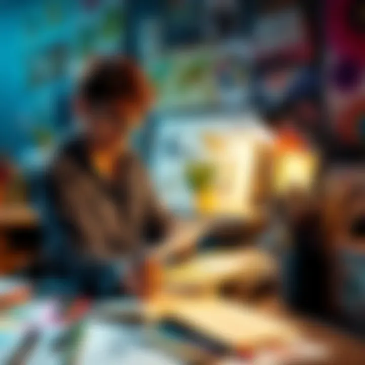 An artist sketching ideas while surrounded by colorful art supplies and sketches