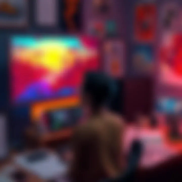 An artist at a computer creating vibrant CGI scenes inspired by alternate realities, surrounded by sketches and digital tools.
