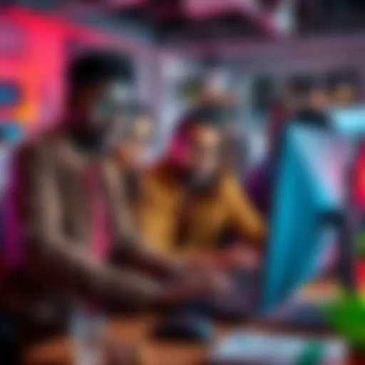 A diverse group of creative professionals working together on a computer, using a new tool that merges many CC0 assets into one platform.