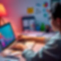 A person brainstorming ideas for creative projects using ChatGPT Plus on a laptop, surrounded by notes and colorful sketches.