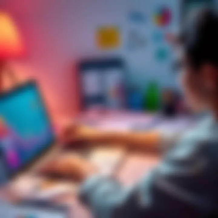 A person brainstorming ideas for creative projects using ChatGPT Plus on a laptop, surrounded by notes and colorful sketches.