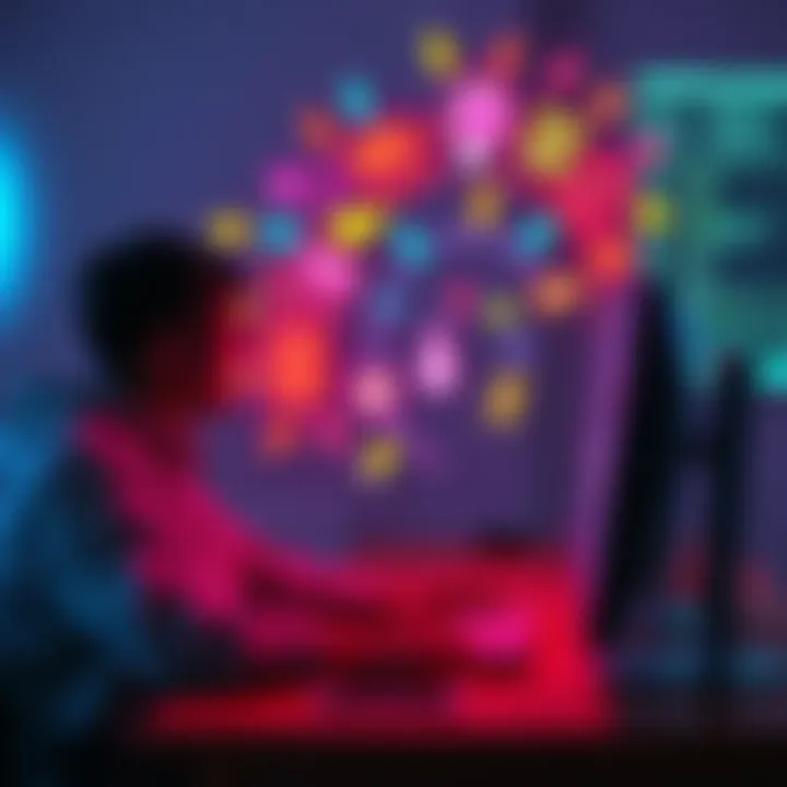 A person sitting at a computer, typing prompts, with colorful ideas swirling around them