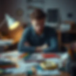 A person sitting at a desk, looking frustrated and bored while surrounded by scattered papers and art supplies, illustrating the clash of emotions and creativity.