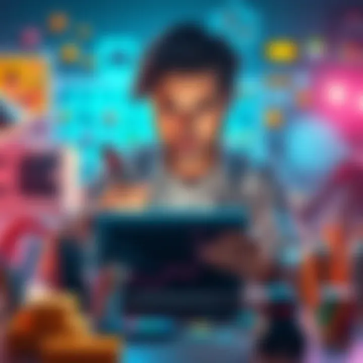 A person drawing on a tablet, surrounded by coding and game design elements