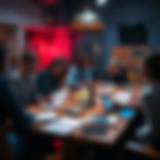 Participants engage in a collaborative storytelling activity with notebooks and art supplies on a table, creating a lively atmosphere.