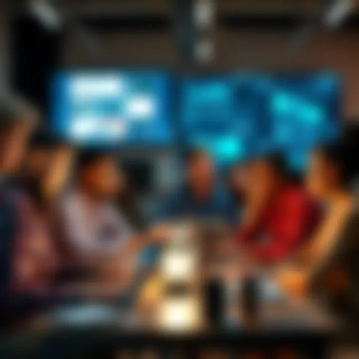 A diverse group of creative professionals working together, using AI tools on laptops to brainstorm and design. They are engaged in a lively discussion, with digital screens displaying graphics and ideas in the background.