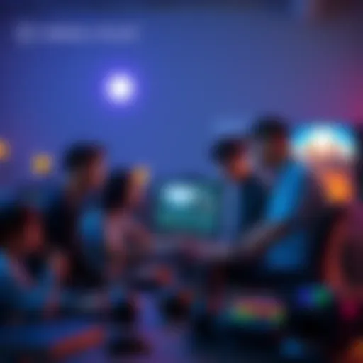 A group of five people collaborating on a computer to create a cinematic scene in Unreal Engine.