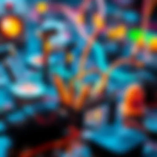 A colorful digital art piece showing various artistic tools connected through circuits, symbolizing technology and creativity coming together.