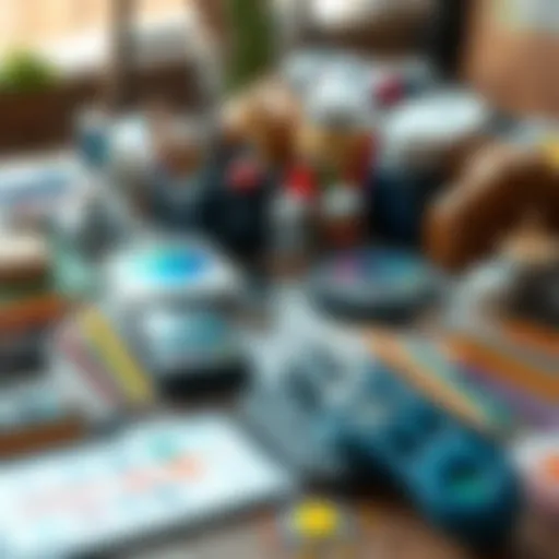An array of digital art tools and traditional supplies displayed on a table, symbolizing the blend of creativity in art.