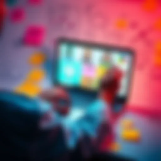 A person brainstorming with ChatGPT on a laptop, surrounded by colorful notes and sketches, showcasing innovative ideas.
