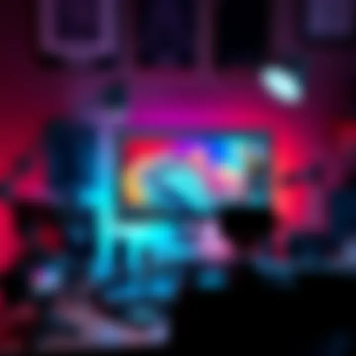 A workspace featuring a computer with video synthesis software open, colorful visuals on the screen, and affordable gear like a basic camera and microphone around.