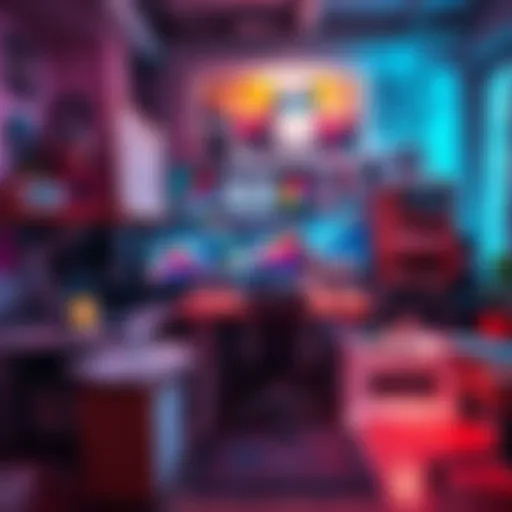An artist's workspace filled with vibrant digital art projects in Blender, showcasing various creative tools and a colorful palette.