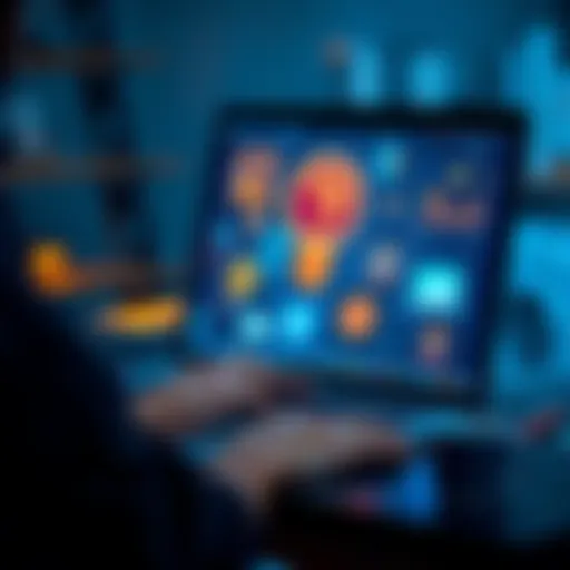 A person using a laptop with digital story elements appearing on the screen, showcasing innovative storytelling tools.