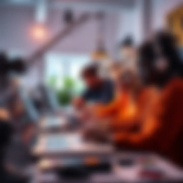 A group of diverse artists working with AI software on their laptops, showcasing collaboration and creativity in a bright studio environment.