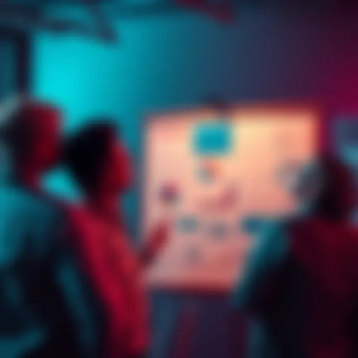 A group of people engaged in a conversation about the decline of creativity in AI models, showcasing charts and examples on a board