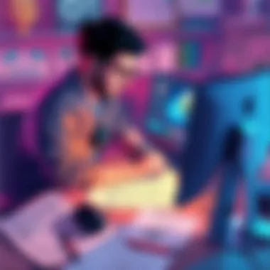 A focused creator refining game elements on their computer, surrounded by design sketches and notes.