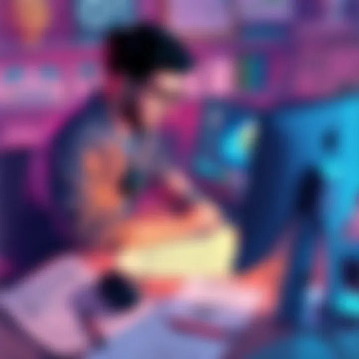 A focused creator refining game elements on their computer, surrounded by design sketches and notes.