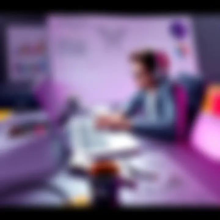 A creative person working on a laptop, surrounded by notes and sketches, illustrating the balance between free sharing and monetization strategies.