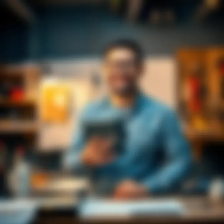 A creator smiles while holding a completed prototype in a workshop filled with tools and sketches