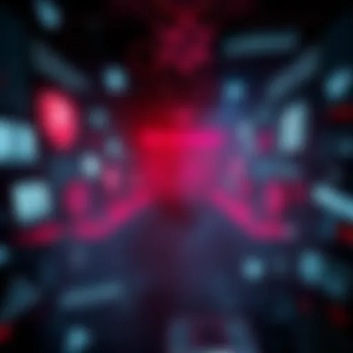 A graphic showing a dark-themed digital space filled with ominous symbols and messages related to criminal activity, highlighting concerns in the anti forum community.