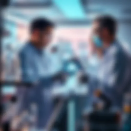 A laboratory setting showing scientists working with CRISPR technology to create a treatment for high LDL cholesterol. They are using advanced equipment and discussing results.