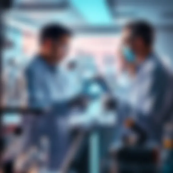 A laboratory setting showing scientists working with CRISPR technology to create a treatment for high LDL cholesterol. They are using advanced equipment and discussing results.