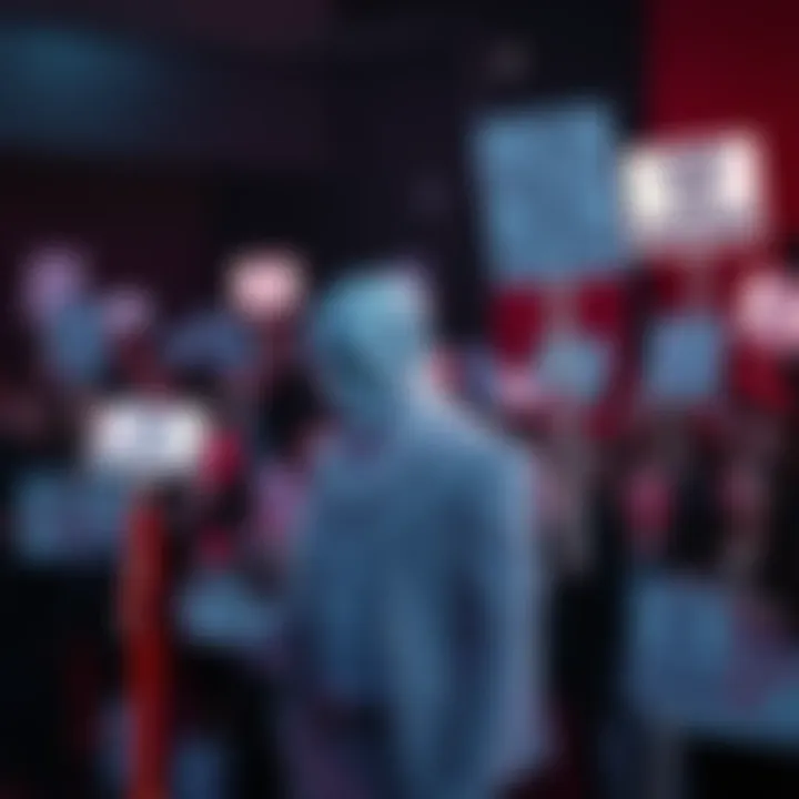 A polarizing figure stands confidently at a podium, passionately criticizing generative AI users, with a crowd of supporters behind them, holding signs expressing disdain for AI technology.