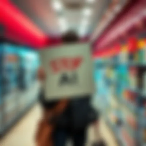 A person holding a sign that says 'Stop AI' while shopping in a store, symbolizing the contradiction in anti-AI views and consumer choices.