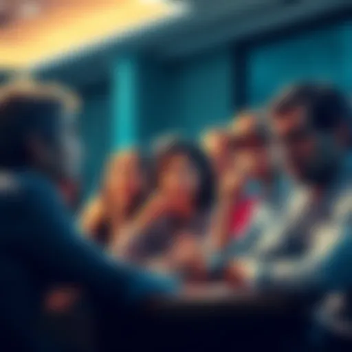 A group of people expressing disagreement at a meeting, highlighting tension between traditional and modern views.