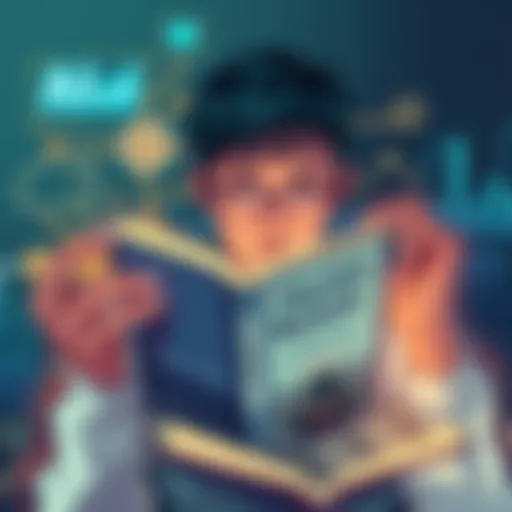 A person reading a book with Hayao Miyazaki's name on the cover, surrounded by illustrations of AI technology and a thoughtful expression