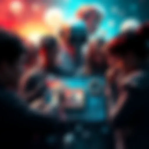 A group of people mock an artist's work, showing disdain for creativity while surrounded by AI-generated art.