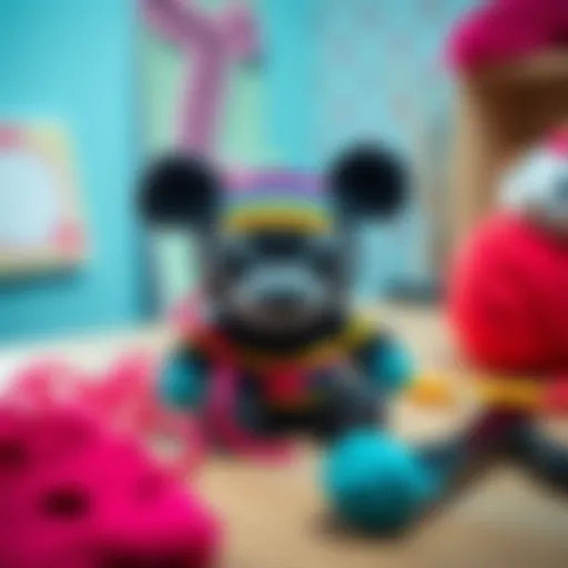 A colorful crochet toy inspired by Godot, featuring distinct facial features and a charming design, placed on a crafting table with yarn and crochet hooks nearby.