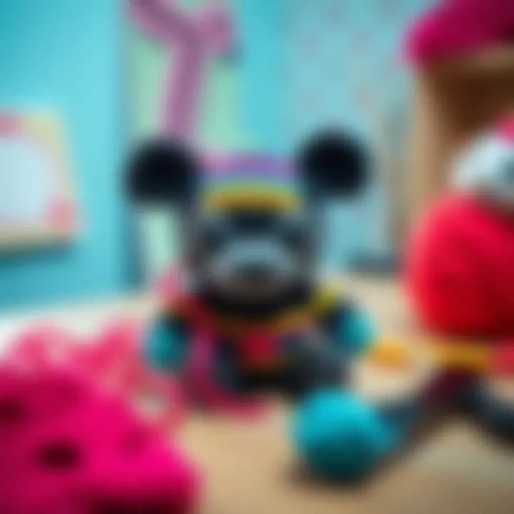 A colorful crochet toy inspired by Godot, featuring distinct facial features and a charming design, placed on a crafting table with yarn and crochet hooks nearby.